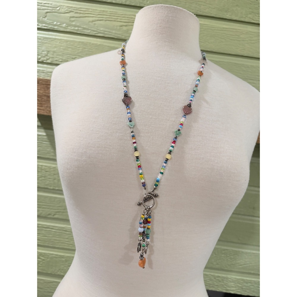 Boho Multicolor Beaded Heart Necklace Stone Accents Silver Toggle Clasp‎ 19 Inch